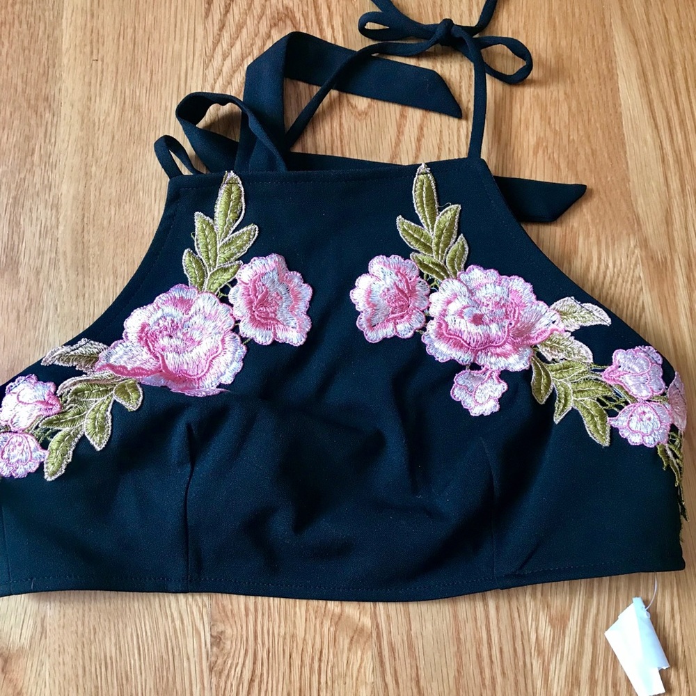 Halter crop top with floral detail